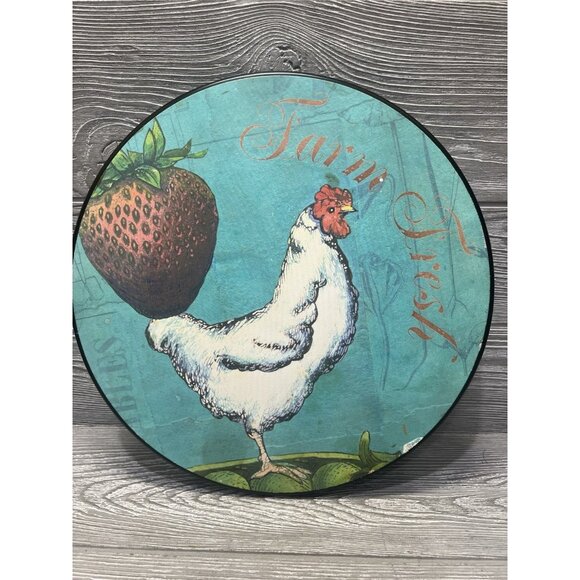 Farm Fresh Chicken Lazy Susan Country Teal Megan Halsey Demadco 13.5” - Picture 1 of 8